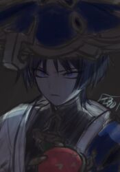  1boy 49ibo240 artist_name black_background black_bodysuit blue_cape blue_hat blunt_ends bodysuit cape closed_mouth eyeliner eyeshadow frown genshin_impact glaring gold hat highres holding japanese_clothes jingasa kimono makeup male_focus mandarin_collar portrait red_eyeliner red_eyeshadow sanpaku scaramouche_(genshin_impact) scene_reference shoulder_peek sketch solo tsurime violet_eyes wanderer_(genshin_impact) white_kimono 