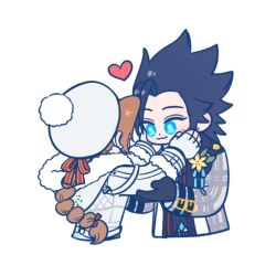  105zz 1boy 1girl aerith_gainsborough aerith_gainsborough_(fairy_of_snowfall) black_gloves black_hair blue_eyes braid braided_ponytail closed_mouth coat commentary_request couple cropped_torso earrings final_fantasy final_fantasy_vii final_fantasy_vii:_ever_crisis fingerless_gloves flower fur-trimmed_coat fur-trimmed_sleeves fur_trim gloves grey_coat hands_on_another's_cheeks hands_on_another's_face hat heart hetero jewelry long_hair long_sleeves looking_at_another official_alternate_costume pom_pom_(clothes) ponytail scar scar_on_cheek scar_on_face simple_background smile spiky_hair stud_earrings white_background white_coat white_gloves white_hat yellow_flower zack_fair zack_fair_(holiday_suit) 