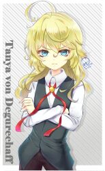  1girl ahoge black_vest blonde_hair blue_eyes border brown_pants character_name closed_mouth collared_shirt commentary_request cowboy_shot crossed_arms dated fingernails grey_background hair_between_eyes highres huge_ahoge long_hair long_sleeves looking_at_viewer medal outside_border pants shadow shirt solo standing striped_background tanya_degurechaff twitter_username v-shaped_eyebrows vest wavy_hair white_border white_shirt youda_(seravichacha) youjo_senki 