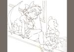  absurdres closed_eyes eyes_closed highres lineart monochrome mtmy remilia_scarlet sitting smile solo stuffed_animal stuffed_toy teddy_bear touhou toy wings 