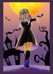  1girl :o absurdres bat_(animal) black_boots black_dress black_veil blue_eyes blunt_bangs boots coif dark-skinned_female dark_elf dark_skin dress elf from_below gradient_background grey_hair halloween halloween_costume hand_on_own_shoulder highres karla_(kono_healer_mendokusai) kono_healer_mendokusai long_hair looking_at_viewer moon nun official_art open_mouth orange_background pointy_ears purple_background sleeve_rolled_up solo tannen_ni_hakkou veil walking_towards_viewer 