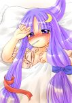  bed blanket blush crescent crescent_moon fever lying moon mouth_hold no_hat no_headwear patchouli_knowledge pillow purple_hair sakura_(doors) solo sweat touhou under_covers 