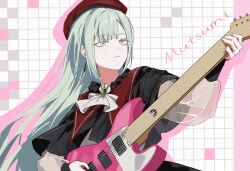  1girl ascot bang_dream! bang_dream!_it's_mygo!!!!! beret black_capelet brooch capelet character_name chinese_commentary closed_mouth commentary_request drop_shadow green_hair guitar haitaer hat highres holding holding_guitar holding_instrument instrument jewelry long_hair long_sleeves mortis_(bang_dream!) mortis_(costume)_(bang_dream!) music playing_guitar playing_instrument red_hat see-through_clothes see-through_sleeves sidelocks solo upper_body wakaba_mutsumi white_ascot yellow_eyes 