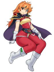  1girl absurdres armor bandeau belt black_belt black_cape black_headband boots bracelet cape chest_jewel earrings full_body gem gloves gold_trim green_gemstone headband highres invisible_chair jewelry light_smile lina_inverse long_hair looking_at_viewer multiple_belts orange_eyes orange_hair pants pauldrons red_gemstone red_pants red_tunic short_sleeves shoulder_armor sitting slayers solo sphere_earrings tunic v-shaped_eyebrows white_boots yellow_bandeau yirtios 