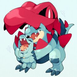  +++ blue_skin closed_eyes colored_skin commentary_request feraligatr gu_gu12435 highres holding mega_feraligatr mega_pokemon no_humans open_mouth own_hands_together pokemon pokemon_(creature) pokemon_focus sharp_teeth simple_background smile spines standing teeth tongue totodile white_background 