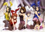  absurdres animal_ears arm_behind_back asahina_mikuru asakura_ryouko bare_legs black_legwear black_pantyhose blue_eyes blue_hair bowtie breasts brown_eyes brown_hair bunny_ears bunny_girl bunnygirl bunnysuit cleavage fang hairband highres kneeling kyon_no_imouto legs long_hair lying mole mole_on_breast multiple_girls nagato_yuki official_art on_stomach open_mouth pantyhose purple_hair smile sparkle suzumiya_haruhi suzumiya_haruhi_no_shoushitsu suzumiya_haruhi_no_yuuutsu tsuruya wrist_cuffs yellow_eyes yellow_eyes

6+girls 