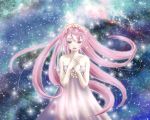  blue_eyes dress hands_on_chest megurine_luka open_mouth pink_hair solo space very_long_hair vocaloid 