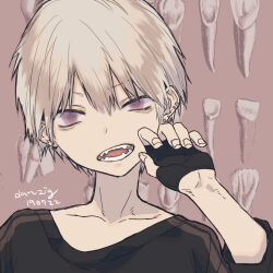 1boy artist_name bad_id bad_pixiv_id black_gloves black_shirt blonde_hair brown_background collarbone copyright_request dated earclip earrings fangs fingerless_gloves gloves hair_between_eyes hand_up jewelry long_sleeves looking_at_viewer male_focus open_mouth portrait shirt shoden short_hair solo t-shirt teeth violet_eyes 