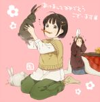  age_difference blush_stickers bunny bunny_ears eating fake_animal_ears father_and_daughter food fruit holding holding_up kotatsu mosuko mouth_hold orange original rabbit simple_background sitting table wariza 