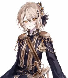  1girl belt black_belt black_jacket blonde_hair chinese_commentary closed_mouth commentary_request epaulettes hair_between_eyes hasumi_leia higasa_(hikasaaawa) highres jacket long_sleeves looking_at_viewer mahou_shoujo_no_majo_saiban sash short_hair shoulder_sash smile solo upper_body yellow_eyes 