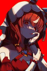  1girl absurdres akared animal_ears bare_shoulders brown_hair dress hair_between_eyes hand_on_own_face highres holding_own_arm horse_ears horse_girl long_hair looking_at_viewer off-shoulder_dress off_shoulder parted_lips red_background red_eyes red_nails shaded_face smile solo still_in_love_(scarlet_vow_raiment)_(umamusume) still_in_love_(umamusume) umamusume veil white_sleeves white_veil 