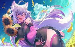  1girl :d absurdres ahoge animal_ear_fluff animal_ears bell_sleeves black_leotard black_thighhighs blue_sky breasts cat_ears cat_girl cat_tail clouds colored_inner_hair commission detached_sleeves fang feet field flower flower_field fluffy_tail gold_necklace happy highres holding holding_flower indie_virtual_youtuber jewelry kamoi3ka5 large_breasts leotard long_hair looking_at_viewer multicolored_hair necklace one_eye_closed outdoors petals pink_sleeves ring ring_necklace second-party_source see-through_clothes see-through_skirt shiyuonline skeb_commission skirt sky smile standing standing_on_one_leg stirrup_legwear sunflower sunflower_field tail thigh-highs thighs toe_ring toeless_legwear toes violet_eyes white_hair 