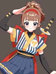  1girl badge black_background black_eyes black_sleeves blue_shirt blue_skirt brown_hair button_badge closed_mouth commentary cowboy_shot detached_sleeves hairband highres imadake_dabuchi_tabemi japanese_clothes katana looking_at_viewer mcdonald's miniskirt pleated_skirt ponytail red_hairband salute samurai_tamago_tabemi shirt short_hair short_ponytail short_sleeves skirt smile solo standing striped_clothes striped_shirt sword tasuki undershirt vertical-striped_clothes vertical-striped_shirt weapon weapon_on_back yokoshima_akunusu 