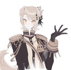  1girl absurdres animal_ears black_gloves black_jacket blonde_hair chao_jiu_wan_shiyi_dian_ban chinese_commentary closed_mouth commentary_request dog_ears dog_girl dog_tail epaulettes gloves hand_up hasumi_leia highres jacket kemonomimi_mode long_sleeves looking_at_viewer mahou_shoujo_no_majo_saiban sash short_hair shoulder_sash simple_background smile solo tail unfinished upper_body white_background yellow_eyes 