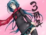  blue_eyes blue_hair blush dutch_angle hatsune_miku long_sleeves looking_at_viewer pleated_skirt sailor_uniform scarf smile thigh_boots thighhighs twintails vocaloid zettai_ryouiki 