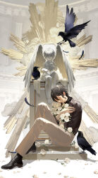  1boy absurdres angel_statue angel_wings belt bird black_belt black_hair black_shirt black_shoes book bouquet brown_pants church closed_eyes crow dianzi_he_kele dual_persona ensemble_stars! feathers flower full_body hair_between_eyes head_down highres holding holding_bouquet jewelry male_focus medium_hair pants petals ring rose rose_petals sakuma_rei_(ensemble_stars!) self_hug shirt shoes sidelocks sitting statue three-quarter_sleeves watch watch white_flower white_petals white_rose wings 