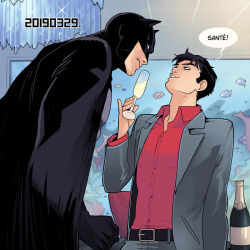 >:) 2boys aquarium bad_id bad_source bad_tumblr_id batman batman_(series) belt black_belt black_cape black_hair blazer bruce_wayne cape champagne_bottle champagne_flute collared_shirt cropped_legs cup dated dc_comics dress_shirt drinking_glass eye_contact father_and_son fishtre french_text jacket jason_todd lapels looking_at_another looking_up male_focus multiple_boys notched_lapels open_clothes open_jacket red_shirt shirt smile smirk smug speech_bubble superhero_costume upper_body v-shaped_eyebrows white_shirt 