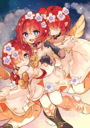 3girls ancient_greek_clothes angel_wings asymmetrical_footwear black_boots black_gloves boots closed_mouth clouds commentary_request cross-shaped_pupils dress eye_mask flower futabababa_28 gloves greco-roman_clothes hair_flower hair_ornament hair_over_eyes hair_over_one_eye hand_on_another's_shoulder head_wreath highres honkai:_star_rail honkai_(series) looking_at_viewer mask midair mismatched_footwear multiple_girls open_mouth pointy_ears short_hair sky smile symbol-shaped_pupils trianne_(honkai:_star_rail) tribbie_(honkai:_star_rail) trinnon_(honkai:_star_rail) triplets twitter_username white_boots white_dress wings 
