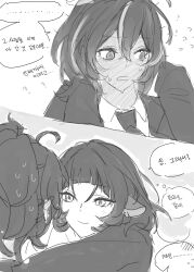  2girls ? absurdres animal_ears blush eardoor_1022 highres hug jane_doe_(zenless_zone_zero) korean_commentary long_hair looking_at_another looking_to_the_side monochrome mouse_ears mouse_girl multicolored_hair multiple_girls nervous nervous_sweating people police police_uniform policewoman ponytail short_hair streaked_hair suit sweat thinking translation_request yuri zenless_zone_zero zhu_yuan 