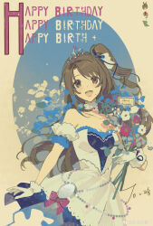  1girl absurdres breasts brown_eyes brown_hair crown dress gloves highres idolmaster idolmaster_cinderella_girls idolmaster_cinderella_girls_starlight_stage open_mouth shimamura_uzuki side_ponytail smile solo tita_(titanaaaaa) white_dress white_gloves 