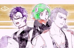  1046sstep_btoh 1girl 2boys bandana bandana_around_neck bleach bleach:_sennen_kessen-hen chest_tattoo commentary_request facial_tattoo green_hair grey_eyes grey_hair hisagi_shuuhei holding holding_paper kuna_mashiro muguruma_kensei multiple_boys number_tattoo open_mouth orange_bandana paper paper_stack pectoral_cleavage pectorals purple_hair shihakusho short_hair signature sleeveless tattoo undercut violet_eyes 