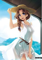  1girl :d blue_eyes braid breasts brown_hair dress hasuma_kanae hat highres hisato_ar large_breasts looking_at_viewer medium_hair official_art open_mouth rope_belt scan smile solo sun_hat sundress tsumamigui tsumamigui_(series) white_dress 