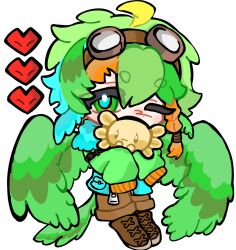  1boy ahoge animal animification axolotl axolotl_(minecraft) bird_boy bird_tail bird_wings boots braid braided_sidelock brown_boots brown_shorts chibi chibi_only chinese_commentary commentary_request fur_trim goggles goggles_on_head green_eyes green_hair green_jacket hardcore_heart head_wings heart highres holding holding_animal humanization jacket lifesteal_smp looking_at_viewer male_focus minecraft minecraft_youtube multicolored_hair one_eye_closed parrot_boy parrotx2 shorts simple_background solo tail white_background wings zhinan2778 