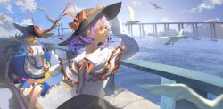  2girls animal bird black_hat black_skirt blue_hair blue_skirt bow bridge clouds cloudy_sky commentary_request day frilled_skirt frills hat hat_bow highres hinanawi_tenshi kinoko_(kino2435006) looking_to_the_side multiple_girls nagae_iku open_mouth outdoors purple_hair red_bow red_eyes river running seagull shirt skirt sky touhou white_shirt 