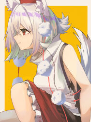  1girl amateru animal_ears bare_shoulders commentary frilled_skirt frills from_side hat highres inubashiri_momiji looking_to_the_side orange_background pom_pom_(clothes) profile red_eyes red_hat red_skirt short_hair simple_background skirt solo tail touhou white_hair wolf_ears wolf_girl wolf_tail 