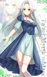  1girl absurdres artist_name blue_choker blue_collar blue_dress blush breasts character_name choker cleavage closed_mouth collar collarbone commission commissioner_upload dress elf feet_out_of_frame forehead green_eyes highres holding leaf long_hair looking_at_viewer lori_hagami medium_breasts official_art parted_bangs pointy_ears puffy_short_sleeves puffy_sleeves short_sleeves smile solo standing taael_myrthnddare thigh-highs very_long_hair ways_of_darkness_(series) white_hair white_thighhighs zoom_layer 