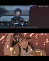  2boys 676643396dolce absurdres animal_ears arknights arm_guards bag bilibili_logo black_border blue_cape blue_hair blurry blurry_background border braid brown_hair cape chinese_commentary chinese_text closed_eyes commentary_request cow_boy cow_ears cow_horns crossed_arms dappled_sunlight fake_screenshot frown highres holding holding_bag horns letterboxed looking_at_viewer looking_up male_focus multicolored_hair multiple_boys open_mouth parted_lips pointy_ears potato shirt short_sleeves streaked_hair sunlight translation_request two-sided_cape two-sided_fabric wan_qing_(arknights) white_hair white_shirt yellow_eyes zuo_le_(arknights) 