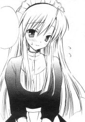  1girl apron blush embarrassed flying_sweatdrops frilled_wrist_cuffs frills garter_straps hair_between_eyes head_tilt komiya_yuuta long_hair long_sleeves looking_at_viewer maid maid_headdress non-web_source original sawatari_ranna solo speech_bubble standing straight_hair sweat upper_body waist_apron wrist_cuffs 