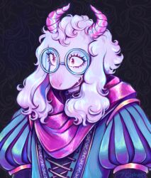  1boy 7cipher artist_name black_background deltarune eyelashes furry glasses horns long_sleeves open_mouth puffy_long_sleeves puffy_sleeves ralsei solo upper_body utdr_(toby_fox) white_hair 