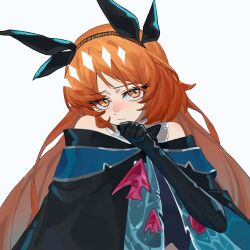  1girl alternate_eye_color arknights black_bow black_bowtie black_capelet black_gloves bow bowtie capelet chinese_commentary commentary_request e.g.o_(project_moon) freckles gloves hand_up highres ishmael_(project_moon) jianbing_zhizhu limbus_company long_hair looking_at_viewer off-shoulder_capelet orange_eyes orange_hair project_moon sidelocks simple_background solo tidal_elegy_(e.g.o) very_long_hair white_background 