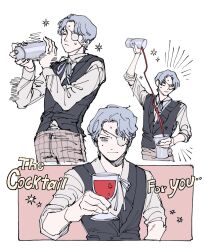  1boy bartender black_vest closed_mouth cocktail_shaker cup daan_(fear_&amp;_hunger) drink english_text eyepatch fear_&amp;_hunger_(series) fear_&amp;_hunger_2:_termina grey_hair hashtag-only_commentary highres holding holding_cup holding_drink long_sleeves looking_at_viewer male_focus medical_eyepatch multiple_views neck_ribbon pouring ribbon sanhomaydraw shirt short_hair sweat vest white_shirt 