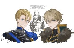  2boys blonde_hair blue_eyes cape cropped_shoulders crossover dimitri_alexandre_blaiddyd fate/grand_order fate_(series) fire_emblem fire_emblem:_three_houses fur-trimmed_cape fur_trim gawain_(fate) gawain_(third_ascension)_(fate) gorilla hair_between_eyes highres korean_text looking_at_viewer male_focus multiple_boys potato_goril short_hair simple_background smile trait_connection translation_request white_background 