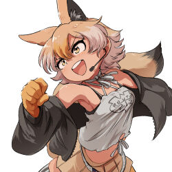  1girl animal_ears bare_shoulders belt black_jacket black_shirt blonde_hair blush bow bowtie brown_skirt choker cowboy_shot coyote_(kemono_friends) extra_ears gloves highres jacket kemono_friends kemono_friends_v_project long_sleeves mcgunngu microphone midriff multicolored_hair open_mouth pleated_skirt shirt skirt smile solo spaghetti_strap tail tank_top undershirt virtual_youtuber white_belt white_bow white_bowtie white_choker white_hair white_shirt wolf_ears wolf_girl wolf_tail yellow_eyes yellow_gloves 