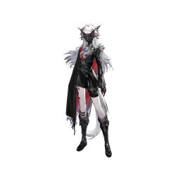  1girl animal_ears arknights arms_at_sides black_boots black_cape black_gloves black_jacket black_mask black_skirt black_theme blue_eyes boots cape cropped_jacket full_body gloves grey_socks high-waist_skirt highres huanxiang_heitu jacket knee_boots kneehighs lappland_(arknights) lappland_the_decadenza_(arknights) legs_apart long_hair long_sleeves looking_at_viewer mask material_growth necktie official_alternate_costume official_art open_mouth oripathy_lesion_(arknights) red_cape red_necktie scar scar_across_eye scar_on_face shirt side_cape simple_background skirt smile socks solo square-end_necktie standing tachi-e tail third-party_source transparent_background turtleneck two-sided_cape two-sided_fabric white_eyes white_hair white_shirt white_tail wolf_ears wolf_girl wolf_mask wolf_tail 