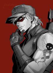  archery arm_tattoo arsenal_(dc) baseball_cap batman_(series) bodysuit dc_comics domino_mask eye_mask gloves hat highres male_focus mask muscular muscular_male orange_hair red_bodysuit red_hood_and_the_outlaws red_mask roy_harper short_hair superhero_costume tattoo taut_bodysuit xiaoye12589 