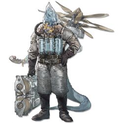  1boy arknights bag belt black_belt black_boots black_gloves blue_scales boots brown_eyes canister closed_mouth duct_tape flight_suit full_body furry g-suit gloves hand_on_own_hip highres holding multiple_belts official_alternate_costume official_art plastic_bag propeller reptile_boy safety_belt scales simple_background skybox_(arknights) solo standing tail third-party_source transparent_background usu_(9619usu) 