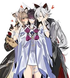  3girls animal_ears arlecchino_(genshin_impact) artist_name black_hair brown_hair closed_eyes coat columbina_(genshin_impact) commentary dress english_commentary genshin_impact gradient_hair grey_coat hands_on_another's_face head_wings heart highres kemonomimi_mode long_hair multicolored_hair multiple_girls one_eye_closed purple_hair sandrone_(genshin_impact) seijousai smile two-tone_hair white_dress white_hair white_wings wings yuri 