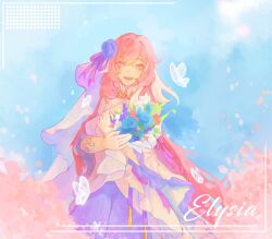  1girl blue_sky bouquet bridal_veil bug butterfly character_name cherry_blossoms diamond-shaped_pupils diamond_(shape) dress elysia_(herrscher_of_human:_ego)_(honkai_impact) elysia_(honkai_impact) hashtag-only_commentary holding holding_bouquet honkai_(series) honkai_impact_3rd long_hair looking_at_viewer pink_hair rii1111r sky smile solo symbol-shaped_pupils veil very_long_hair vest violet_eyes white_dress white_vest 