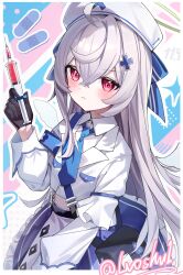  1girl ahoge bandaid beatrixa_(stella_sora) black_gloves blue_necktie blue_skirt blush collared_shirt commentary_request dated detached_wings frilled_skirt frills gloves grey_hair hair_between_eyes half_gloves halo hand_up hat highres holding holding_syringe jacket long_hair long_sleeves looking_at_viewer luo_shu mini_wings necktie nurse nurse_cap outline parted_lips red_eyes shirt skirt solo stella_sora syringe twitter_username very_long_hair white_hat white_jacket white_outline white_shirt white_wings wings 