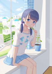  1girl absurdres abwan blue_eyes blue_hair blue_skirt blue_sky building closed_mouth clouds collarbone commentary_request curtains day feet_out_of_frame food hair_over_shoulder highres holding holding_food indoors looking_at_viewer low_twintails original plant pleated_skirt popsicle potted_plant shirt short_sleeves skirt sky solo twintails white_shirt window wooden_floor 
