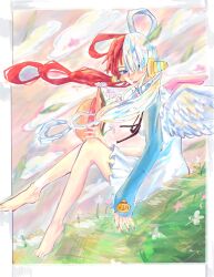  1girl clouds commentary dress elbow_gloves gloves hair_over_one_eye hat highres holding holding_unworn_clothes holding_unworn_hat multicolored_hair one_piece one_piece_film:_red red_hair salmonnnn353372 single_elbow_glove sitting solo straw_hat twintails two-tone_hair unworn_hat unworn_headwear uta_(one_piece) violet_eyes white_dress white_hair white_wings wings 