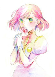  1girl estellise_sidos_heurassein flower gloves green_eyes holding holding_flower koruri_(unubore_tekagami) looking_at_viewer painting_(medium) pink_hair short_hair simple_background solo standing tales_of_(series) tales_of_vesperia traditional_media watercolor_(medium) white_background white_gloves 