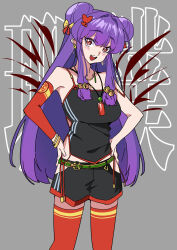  1girl absurdres bell belt black_shirt black_shorts bow bracelet breasts commentary_request detached_sleeves double_bun earrings green_belt hair_bell hair_bow hair_bun hair_ornament hands_on_own_hips highres jewelry jingle_bell long_hair necklace open_mouth purple_hair ranma_1/2 red_thighhighs shampoo_(ranma_1/2) shirt short_shorts shorts sidelocks single_detached_sleeve sleeveless sleeveless_shirt solo standing teeth thigh-highs upper_teeth_only yaha0079 