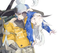  2girls animal_ears arknights arm_up asbestos_(arknights) baseball_cap black_pants blue_jacket carrying carrying_over_shoulder carrying_person commentary_request frown grey_hair grey_hat grey_shirt hair_over_one_eye hand_in_pocket happy hat highres infection_monitor_(arknights) jacket long_bangs long_sleeves multiple_girls pants revision sasa_fune shirt simple_background sleeves_rolled_up squirrel_ears squirrel_tail surfer_(arknights) tail white_background white_hair wide_sleeves yellow_eyes yellow_jacket 