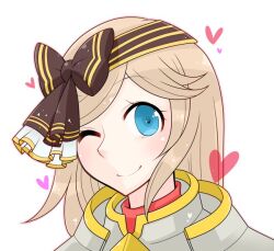  1girl armor blonde_hair blue_eyes bow bow_hairband breastplate brown_bow brown_hairband closed_mouth commentary_request hair_bow hairband heart long_hair looking_at_viewer oekakipikki official_alternate_costume one_eye_closed portrait ragnarok_online rune_knight_(ragnarok_online) simple_background smile solo white_background 
