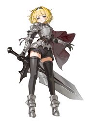  1girl absurdres arm_guards armor armored_boots belt black_eyes black_hairband black_shorts black_thighhighs blonde_hair boots bracer breastplate brown_belt cape chinese_commentary closed_mouth commentary_request djeeta_(granblue_fantasy) full_body granblue_fantasy hairband highres holding holding_sword holding_weapon huge_weapon looking_at_viewer medium_hair mole mole_under_eye pauldrons red_cape shiro_wa_(shiroshironix) short_shorts shorts shoulder_armor simple_background solo sword thigh-highs weapon white_background 